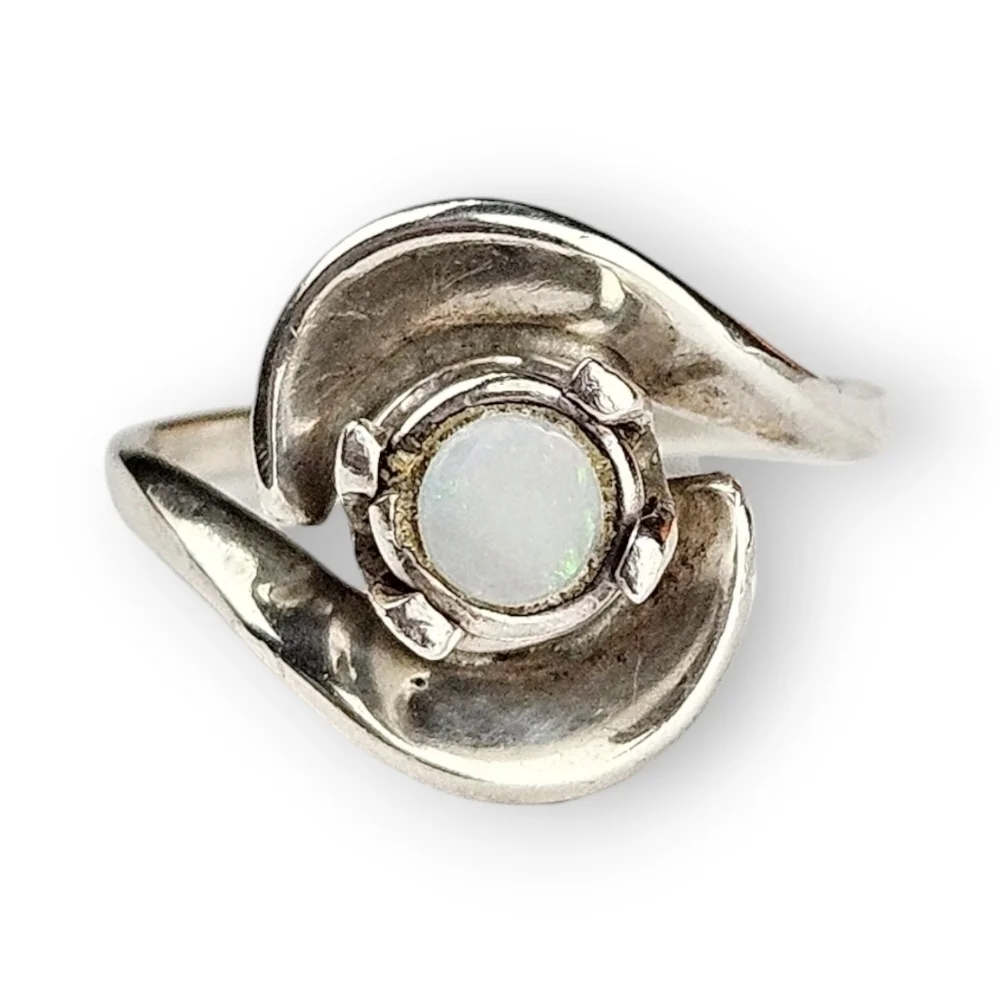 Sterling Opal Bypass Ring Wave Design 925 Silver Lab Created Vintage Size 6.5